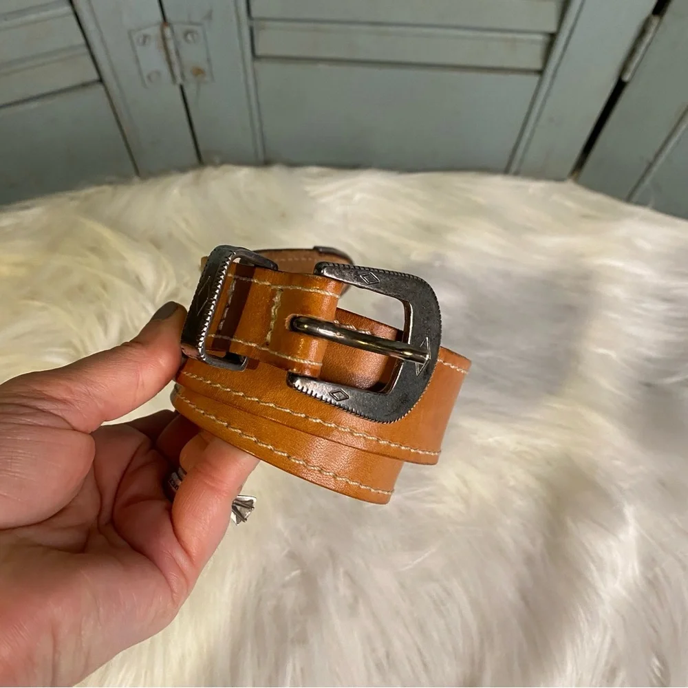 Vintage United Colors of Benetton Tan Leather Belt With Silver Buckle Medium